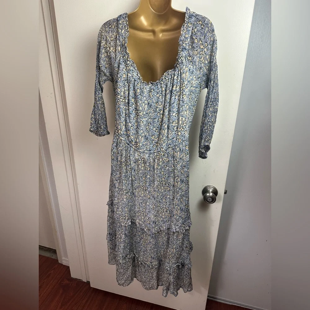 By Anthropologie Blue Kira Off-The-Shoulder Adjustable TieWaist Peasant Dress 14 - Picture 9 of 16
